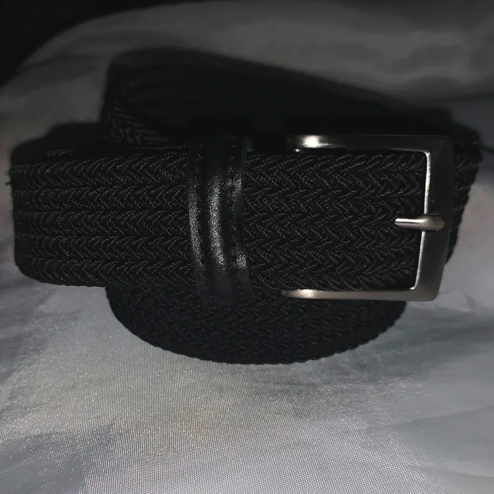 Mens Black Braided Elastic Stretch Belt Leather Trim Silver Buckle Size‎ 40 14